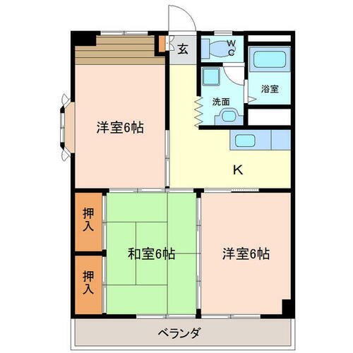  ６帖洋室×２と６畳和室１の３ｋの間取りです。