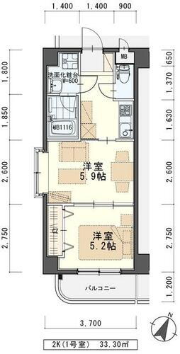 宮城県仙台市青葉区東勝山１丁目 旭ヶ丘駅 2K マンション 賃貸物件詳細