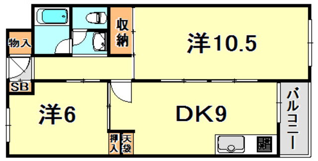 夢野ハイタウン１号棟 6階 2DK 賃貸物件詳細