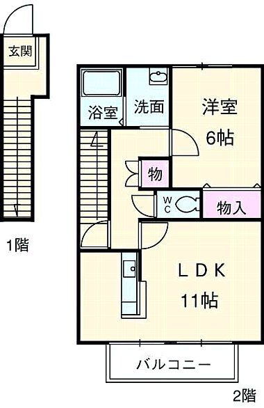 メリーベルＧ棟 2階 1LDK 賃貸物件詳細