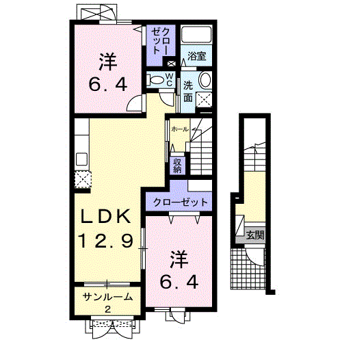 メゾンソレイユ 2階 2LDK 賃貸物件詳細