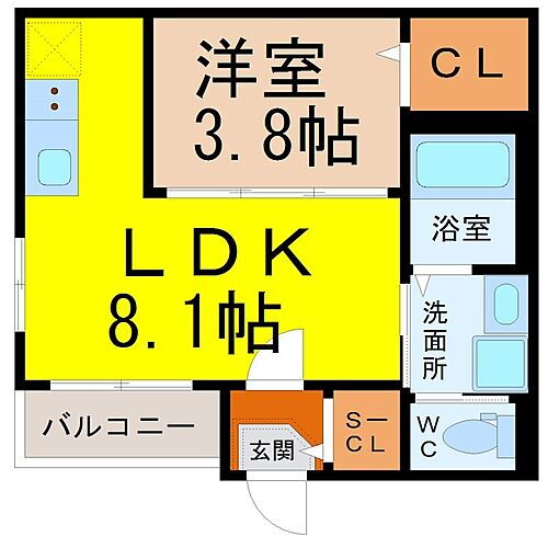  間取図　LDK8.1帖　洋室3.8帖　脱衣洗面所