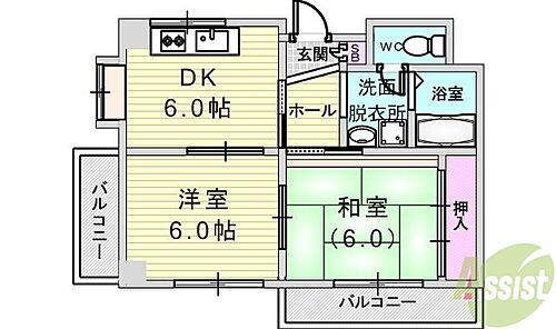  2DK（45平米）独立洗面台・室内洗濯機置場・バルコニー