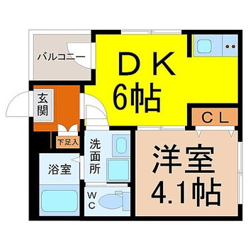  間取図　DK6帖　洋室4.1帖　脱衣洗面所　バルコニー