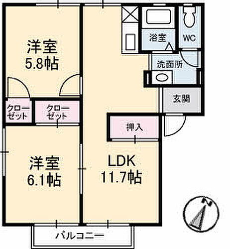 グレースフジ　Ｂ棟 2階 2LDK 賃貸物件詳細