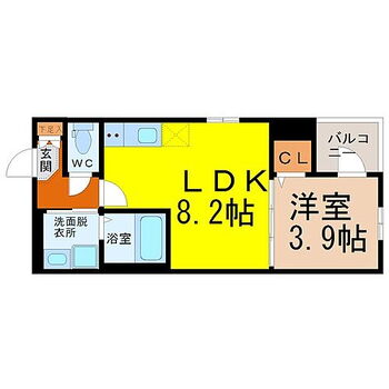  間取図　LDK8.2帖　洋室3.9帖　脱衣洗面所