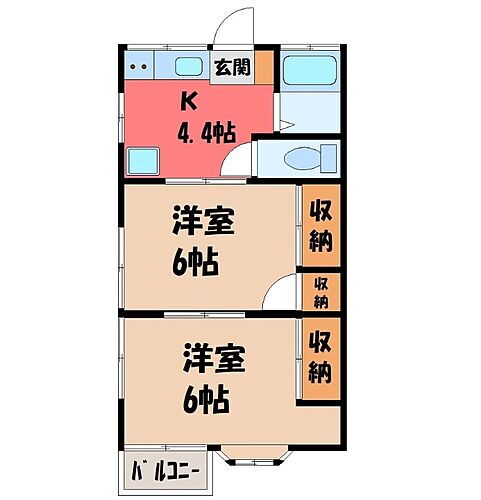 栃木県小山市東城南4丁目 小山駅 2K アパート 賃貸物件詳細