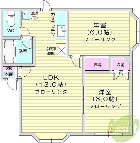  2LDK、無料駐車場1台、室内洗濯機置場