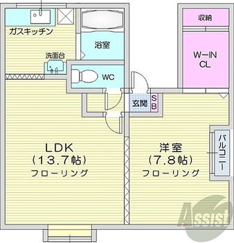  1LDK、インターネット無料、ウォークインクローゼット