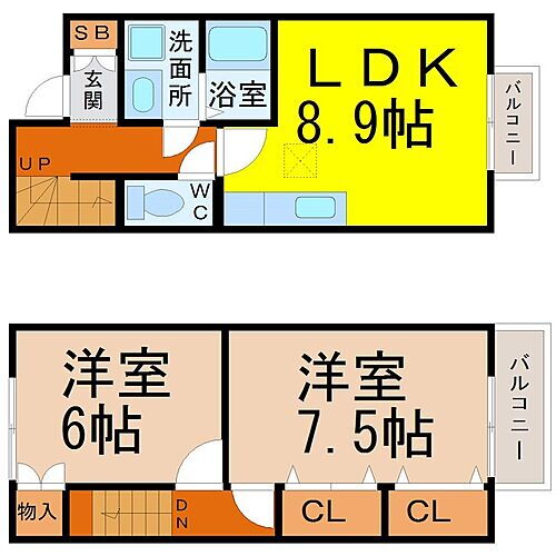  間取図　LDK8.9帖　洋室7.5帖　洋室6帖