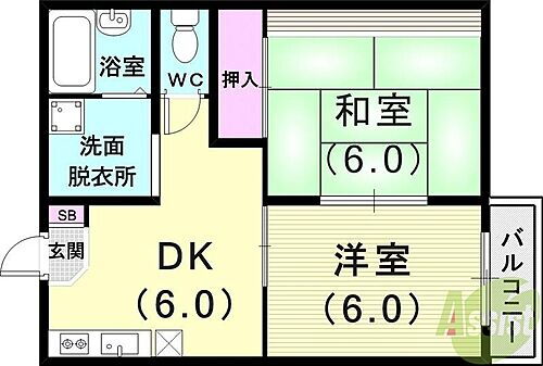  2DK(40平米)セパレート・エアコン・室内洗濯機置場