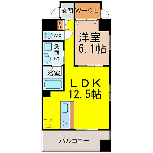  1LDK　LDK12.5帖　洋室6.1帖
