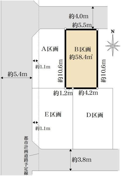 東４（国立駅）　３５８０万円 土地価格3580万円、土地面積58.4m<sup>2</sup> 区画図
