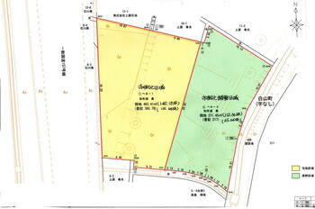 白山町　７００万円 土地価格700万円、土地面積834.86m<sup>2</sup> 黄色部が建築可能な準住居、緑は不可の法面