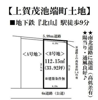 上賀茂池端町（北山駅）　３９８０万円 土地価格3980万円、土地面積112.15m<sup>2</sup> 