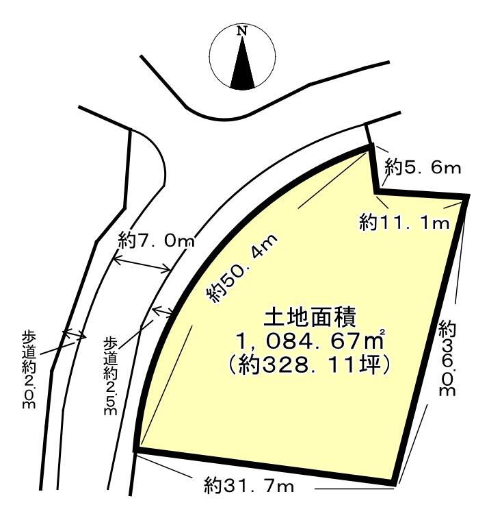 三島郡島本町桜井二丁目 土地価格4億5800万円、土地面積1,084.67m<sup>2</sup> (約328.11坪)。前面道路は北西側、幅員約11.5mの公道です。間口約50.4mで接道しています。