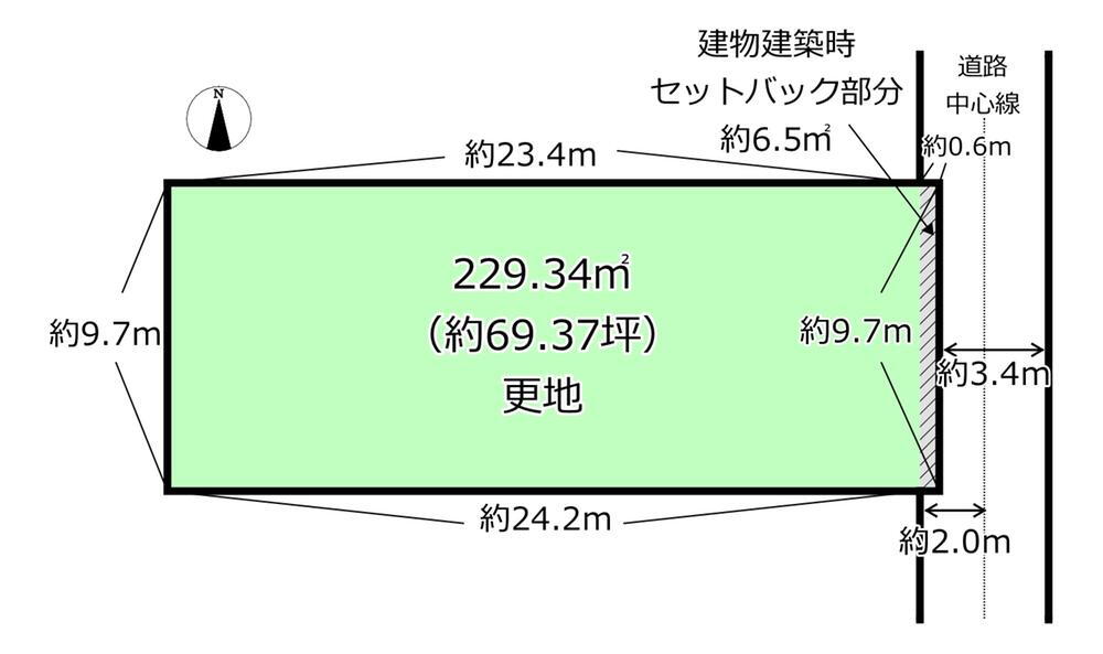 堺市東区南野田 土地価格4080万円、土地面積229.34m<sup>2</sup> (約69.37坪)。前面道路は東側、幅員約3.4mの公道。間口約9.7mで接道しています。奥行は、約23.4m～約24.2mです。