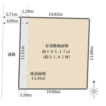 稲葉荘４（立花駅）　２８８０万円 土地価格2880万円、土地面積119.67m<sup>2</sup> 間口約11mの整形地。建ぺい率 60％、容積率 200％。西向きにつき、午後に明るい陽光が差し込みそうです。建築条件がないのでお好きなハウスメーカーや工務店等で建築できます。