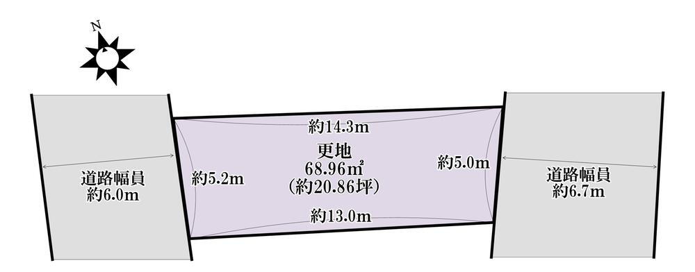 大塚元屋敷町（東野駅）　１２８０万円 土地価格1280万円、土地面積68.96m<sup>2</sup> (約20.86坪)。前面道路幅員は、南東側約6.7m、西側約6.0m。間口は南東側約5.0m、西側約5.2mです。