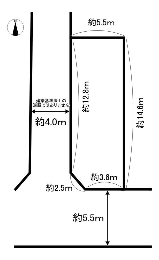 京都市伏見区羽束師鴨川町 土地価格1250万円、土地面積78.75m<sup>2</sup> (約23.82坪)。南側前面道路は、幅員約5.5mの公道。間口は約3.6mです。西側前面道路（建築基準法上の道路ではありません。）は、幅員約4.0mです。