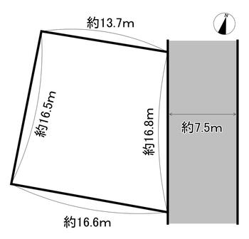 桃山筑前台町（桃山駅）　８４５０万円 土地価格8450万円、土地面積250.22m<sup>2</sup> (約75.69坪)。前面道路は東側、幅員約7.5mの公道。歩道が設けられています。間口は約16.8mです。