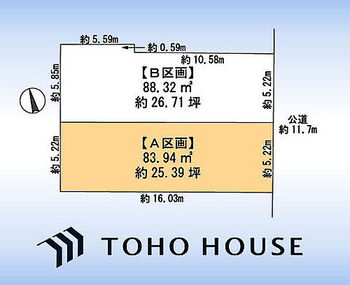 川口市飯塚２丁目の売地２分割・Ａ号棟 区画図。東側11ｍ公道に面す。敷地約25.39坪の整形地。