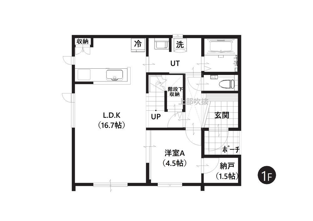 3290万円、4LDK+S（納戸）、土地面積192m<sup>2</sup>、建物面積102.53m<sup>2</sup> 【1F間取り図】<BR>開放感溢れる約16.7帖のLDKが魅力。水回りが近く動線の良い間取りで、奥様の家事がはかどりますね。