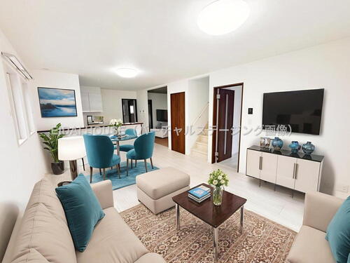 (バーチャルステージング画像)ご家族の憩いの場!一緒にテレビを観たり食事をしたり、同じ時間を共有できる温かい空間となります。自然と家族が集まってくる、ゆったりとくつろげる広々リビング。同じ時間を共有で