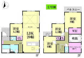 (1号棟)、価格3398万円、4LDK+S、土地面積129.26m<sup>2</sup>、建物面積108.47m<sup>2</sup> 