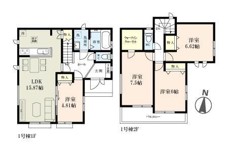(1号棟)、価格3890万円、4LDK、土地面積104.44m<sup>2</sup>、建物面積96.87m<sup>2</sup> 