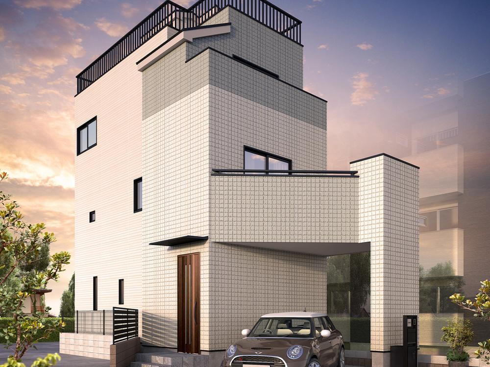 完成予想図<BR>外壁には長期で家財を守る旭化成ヘーベルパワーボード（※軽量気泡コンクリート外壁）を採用。耐久性に優れ、デザイン性も高く、建物に重厚感や高級感を与えます。