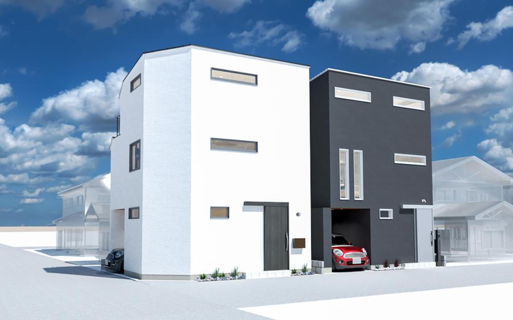 【建物参考プラン 外観パース】<BR>A：建物面積 88.7m<sup>2</sup>（車庫面積20.1m<sup>2</sup>含む）、建物価格 2080万円<BR>B：建物面積 86.4 m<sup>2</sup>（車庫面積20.4m<sup>2</sup>含む）、建物価格 2000万円