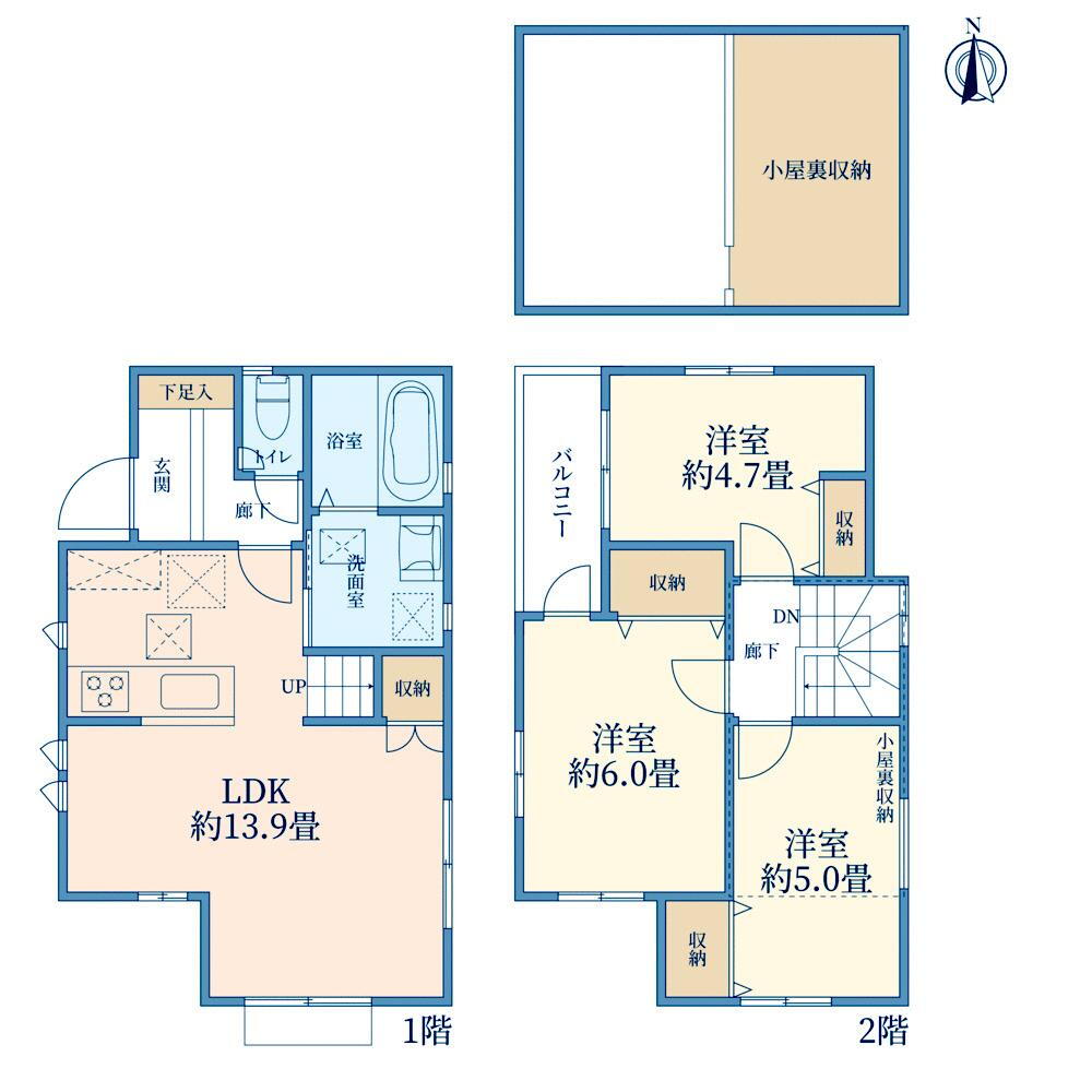 1号棟間取り図：LDK3面＆全居室2面採光♪明るい陽が射し込む住空間で、ゆったりとおうち時間をお過ごしください。ご家族とのコミュニケーションが自然と増えるリビングイン階段仕様です。