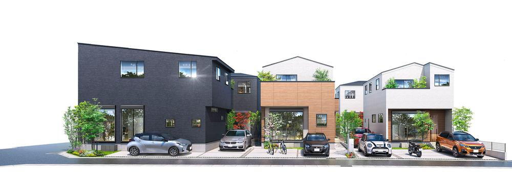 【ポラスの分譲住宅】<BR>ひととき大和田　全５邸<BR>ブラックとホワイトの外壁を採用。<BR>木目調のアクセントが印象的な風景をそれぞれ演出する外観デザイン。<BR>街並完成予想図