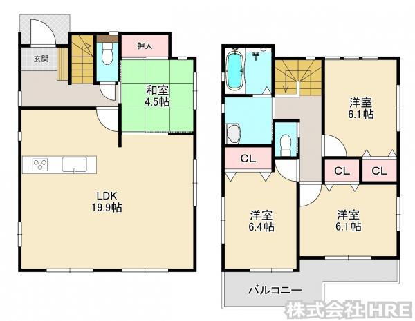 （1号棟）<BR>1階に和室の付いた4LDKの間取り。小屋根裏収納など収納豊富な間取り。