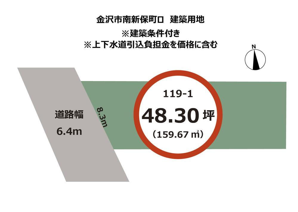 土地価格1930万円、土地面積159.67m<sup>2</sup> 接道（西）道路幅6.4m、間口8.3m