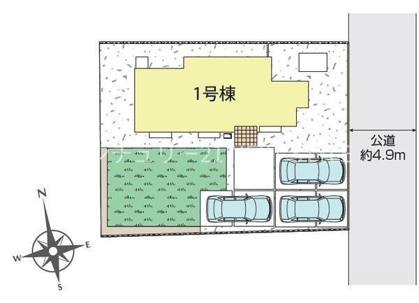 【区画図】<BR>来客時も安心の駐車場3台確保！<BR>前面道路は4.9ｍで車同士のすれ違いもスムーズに行えます。<BR>お家の周りには砕石を敷いたことで雑草が生えにくくなりお手入れラクラクです！