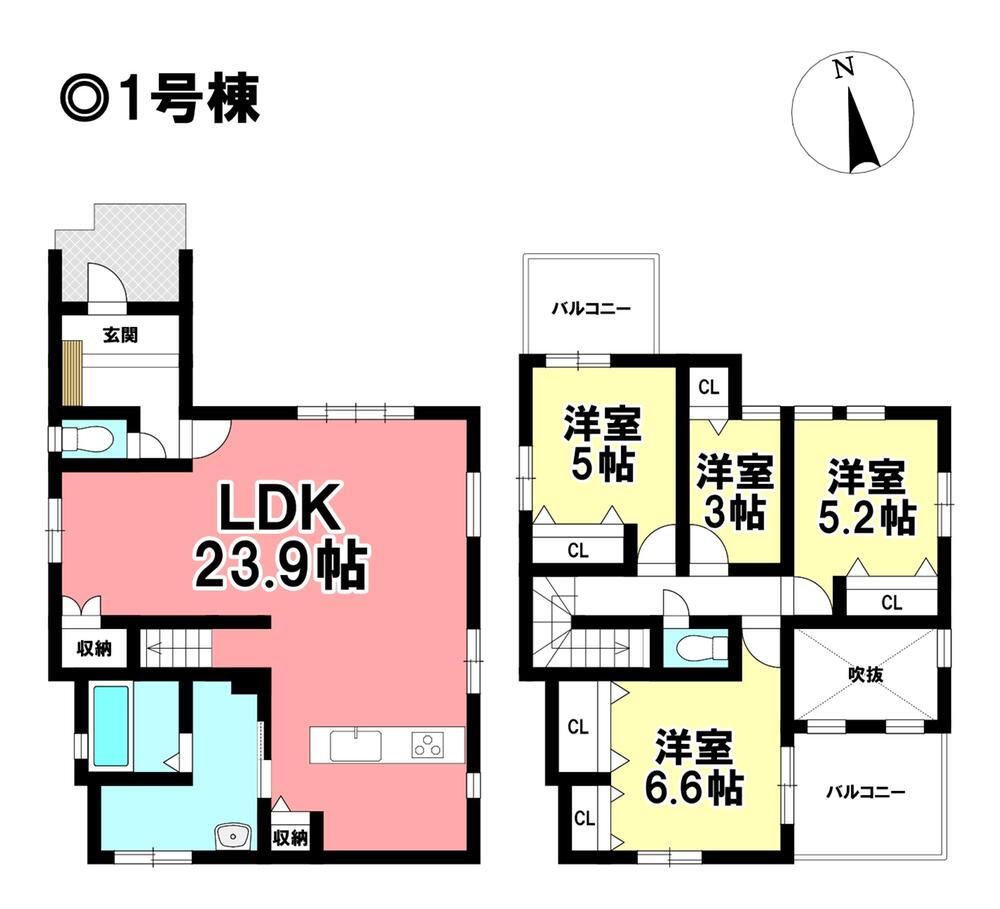 (1号棟)、価格4299万円、4LDK、土地面積118.49m<sup>2</sup>、建物面積105.37m<sup>2</sup> 