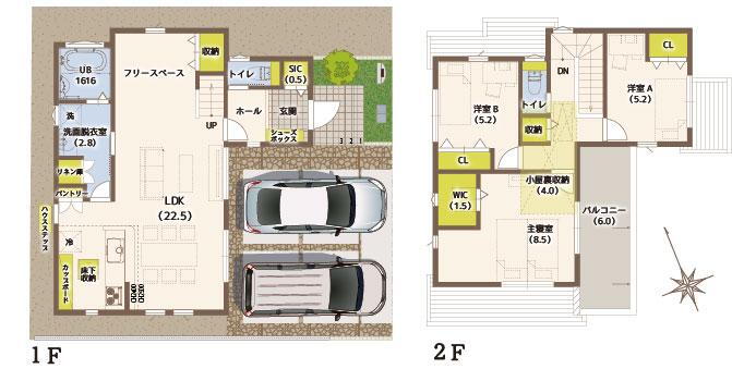 建売住宅79号地間取り図<BR>LDK22.5+SIC+WIC1.5+フリースペース+バルコニー6.0+小屋裏収納4.0+P2台分