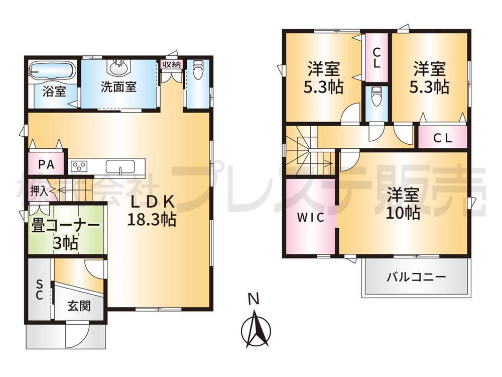 建物プラン例(Ａ号地)4LDK、土地価格1130万円、土地面積179.05m<sup>2</sup>、建物価格1813万円、建物面積105.58m<sup>2</sup> 