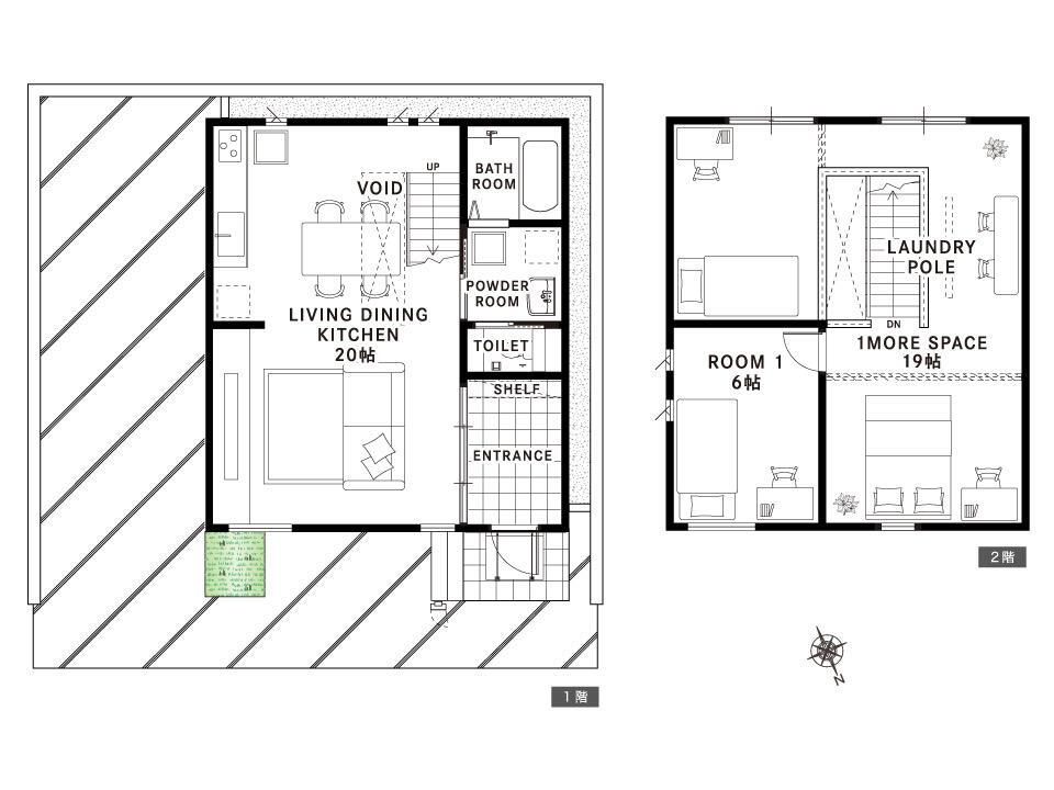 【51号地 間取り図】<BR>土間と20帖LDKの空間をシームレスに繋げるスケルトン建具や吹き抜けのスケルトン階段で開放感溢れる大空間が広がります。2階19帖のフリースペースはさまざまな用途で活用できます。