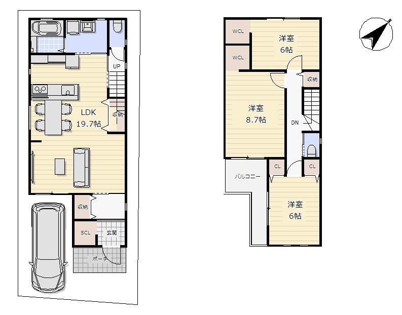 【1号地プラン】3LDK　土地面積：93.57m<sup>2</sup>(公簿）　建物面積：99.63m<sup>2</sup>　土地価格1 980万円＋建物価格1 800万円　合計価格3780万円