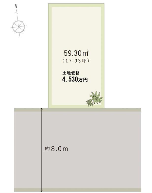 【区画図】<BR>敷地全体を活用いただける整形地！幅広いプランをご検討いただけます。前面道路は幅員約8.0m。直線道路のため見通しが良く、駐停車を落ち着いて行えます。