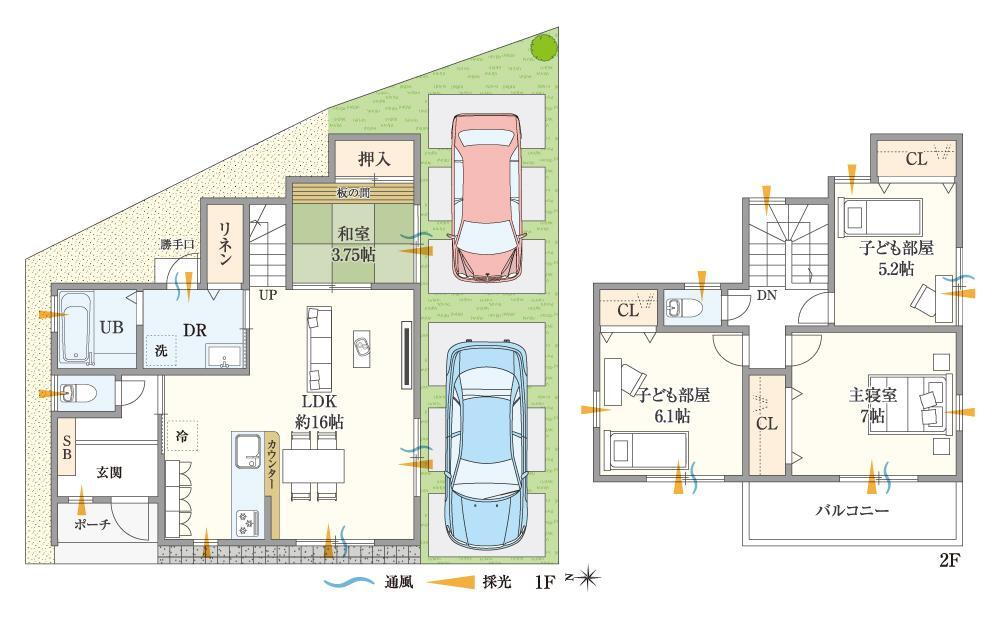 【5号地参考プラン図】<BR>リビング階段のあるLDKは約16.0帖！隣接した和室と一体利用が可能な設計です。洋室3部屋は収納付きで室内を広々と活用可能です。《建物価格2032.5万円、建物面積93.98m<sup>2</sup>》