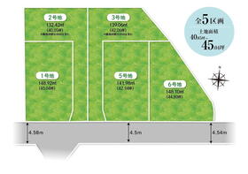 【ファンジュ藤井寺小山/全体区画図】<BR>土地面積40坪超の限定5区画！全区画南向き。広々アウトドアテラス、家庭菜園やガーデニングを楽しめる庭など、ご検討いただけます。