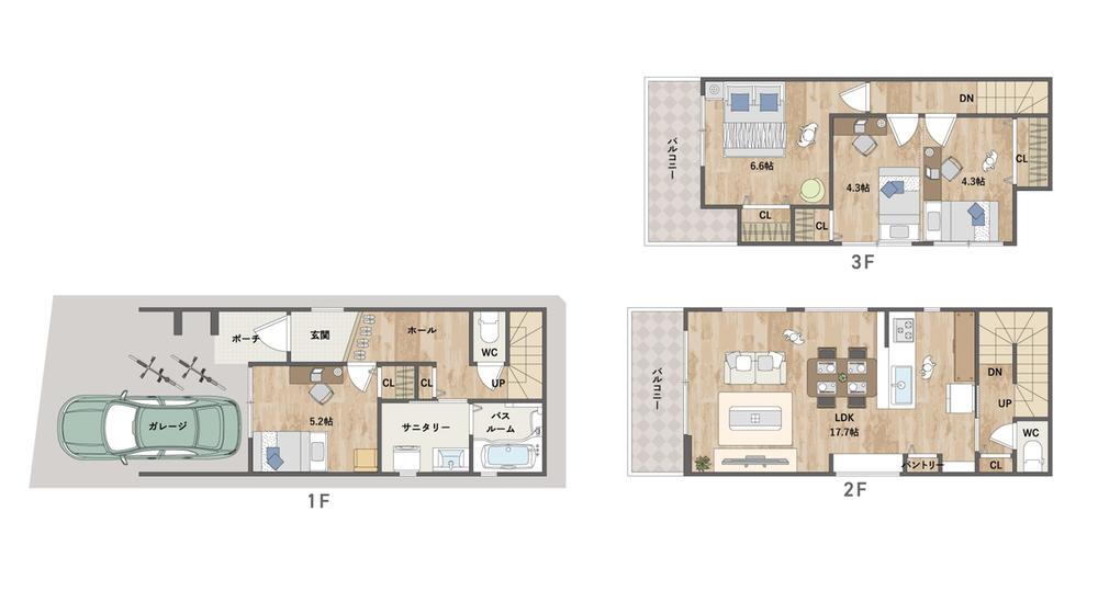 【参考プラン図A】<BR>2階LDKは3面採光。キッチン横にパントリー＆2カ所のカウンターを備え多機能な住まい。3階洋室は将来間仕切りが可能です。