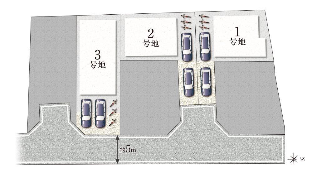 【全体区画図】<BR>全3区画の分譲地。2台分の駐車スペースなどもご検討可能です(車種による)。前面道路幅は約5m。ゆとりをもって通行できます。