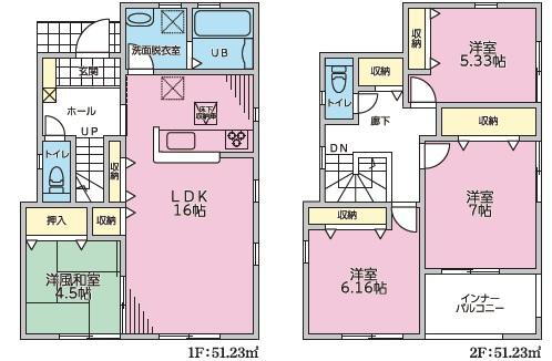 (1号棟)、価格2299万円、4LDK、土地面積107.25m<sup>2</sup>、建物面積102.46m<sup>2</sup> 