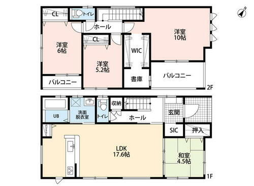 南区鶴田２丁目５期　３号棟　新築戸建 全居室南向きで、バルコニーも2箇所にあります。WIC・パントリー・ホールなどに収納が充実。10帖の洋室には