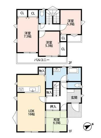 宗像市平井１丁目　Ｂ棟　新築戸建 LDKと和室を合わせると約20帖の大空間となります。居室収納の他にキッチンや廊下、洗面所に収納スペース有